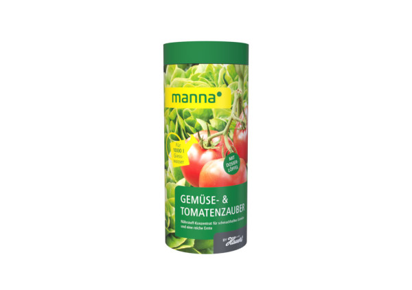 Produktbild von MANNA Tomaten und Gemüsezauber 1kg Düngemittelverpackung mit Hinweis für 1000 Liter Gießwasser und Dosierlöffel.