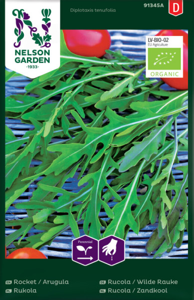 Produktbild von Nelson Garden BIO Rucola Wilde Rauke Saatgutverpackung mit grünen Blättern auf Holzhintergrund und EU-Bio-Label