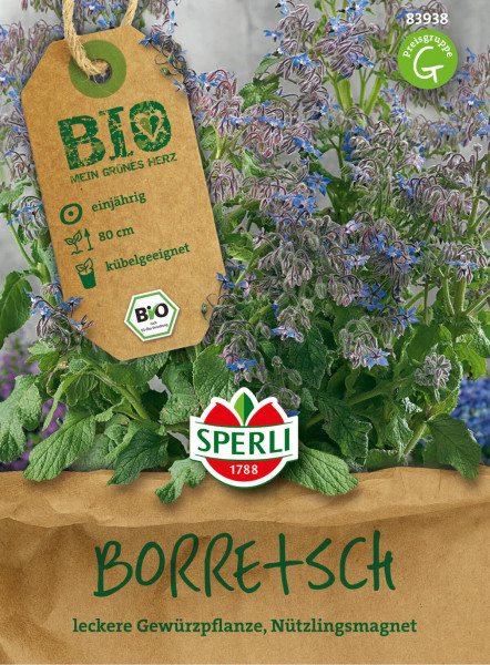 Produktbild von Sperli BIO Boretsch Verpackung zeigt eine Gewürzpflanze mit blauen Blüten und Hinweisen wie einjährig, 80, cm Wuchshöhe und kübelgeeignet sowie das Logo von Sperli.