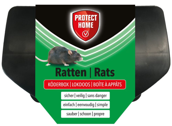 Produktbild der Protect Home Ratten Köderbox mit Abbildung einer Ratte und Hinweisen zu Sicherheit Einfachheit und Sauberkeit in mehreren Sprachen.
