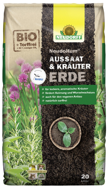 Produktbild von Neudorff NeudoHum Aussaat- und KräuterErde 20 Liter mit Informationen zu Produktvorteilen wie Förderung von Keimung und Wurzelwachstum sowie Hinweis auf torffreie und CO2-reduzierte Herstellung in deutscher Sprache.