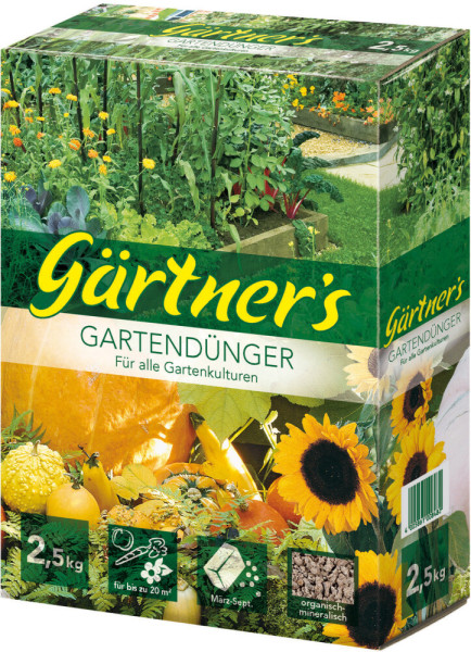Produktbild von Gärtners Gartendünger 2, 5, kg Verpackung mit Abbildungen eines Gemüsegartens und unterschiedlicher Pflanzen sowie Hinweisen zur Anwendung und Produktmerkmalen wie organisch-mineralisch.