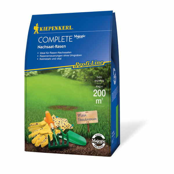 Produktbild von Kiepenkerl Profi-Line Complete Nachsaat-Rasen 4 kg mit Angaben zur Ergiebigkeit und Rasenbild, Handschuhen, Rechen und Gartenwerkzeug.