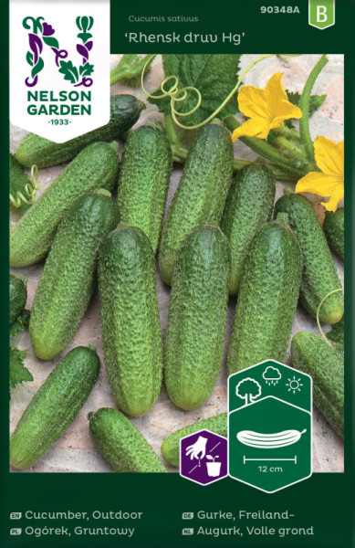 Produktbild von Nelson Garden Einlegegurke Rhensk druu Hg mit Gurken Fruechten und Blueten auf der Verpackung und Informationen zu Pflanzenart und Anbauarten in verschiedenen Sprachen.