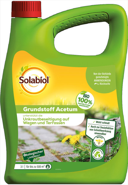 Produktbild von Solabiol Grundstoff Acetum 3l mit Informationen zur Unkrautbeseitigung und biologischem Anbau auf der Verpackung in deutscher Sprache