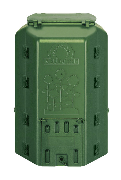 Produktbild des Neudorff Thermokomposters DuoTherm 530 l in grün mit aufgeprägtem Logo und Verzierungen im Design von Pflanzen und Sonnenstrahlen