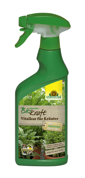 Produktbild der Neudorff BioKraft Vitalkur für Kräuter AF in einer 500ml Handsprühflasche mit Informationen über natürliche Rohstoffe und Hinweisen auf schädlingsresistente und kräftigende Pflanzenpflege.