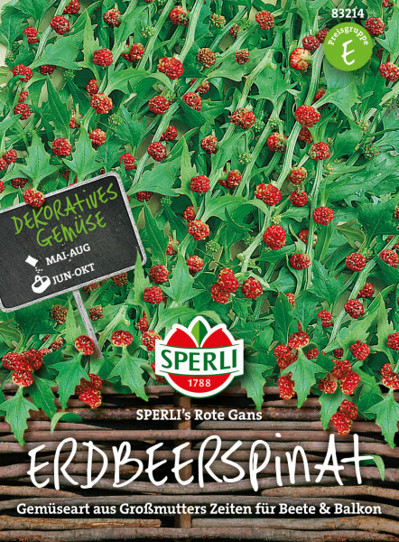 Produktbild von Sperli Erdbeerspinat SPERLIs Rote Gans mit grünen Blättern und roten Beeren, Informationen zu Aussaatzeit und Produktdetails auf Deutsch.
