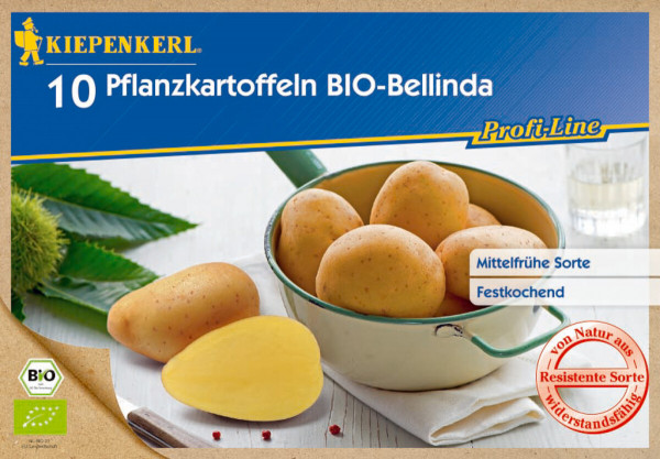 Produktbild von Kiepenkerl BIO-Pflanzkartoffel Bellinda mit 10 Kartoffeln in einer Schüssel und Hinweisen zur Sorte als mittelfrüh festkochend sowie Bio-Siegel und Resistenzkennzeichnung.