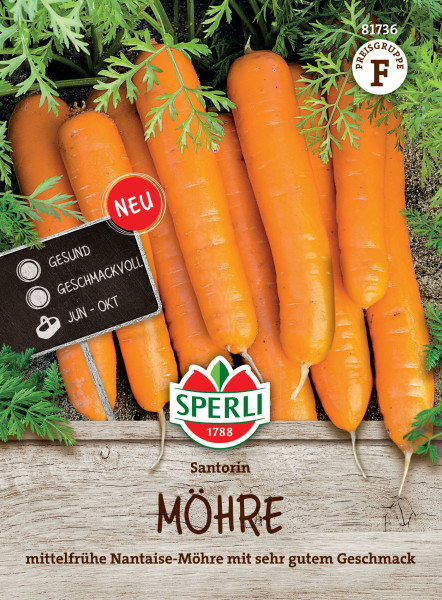 Produktbild von Sperli Möhren Santorin F1 mit der Darstellung frischer Karotten und einer Beschriftungstafel auf einem Holzhintergrund sowie Informationen zur Sorte und Erntezeit Jun-Okt.