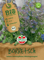 Produktbild von Sperli BIO Boretsch Verpackung zeigt eine Gewürzpflanze mit blauen Blüten und Hinweisen wie einjährig, 80, cm Wuchshöhe und kübelgeeignet... Produktbild von Sperli BIO Boretsch Verpackung zeigt eine Gewürzpflanze mit blauen Blüten und Hinweisen wie einjährig, 80, cm Wuchshöhe und kübelgeeignet sowie das Logo von Sperli.