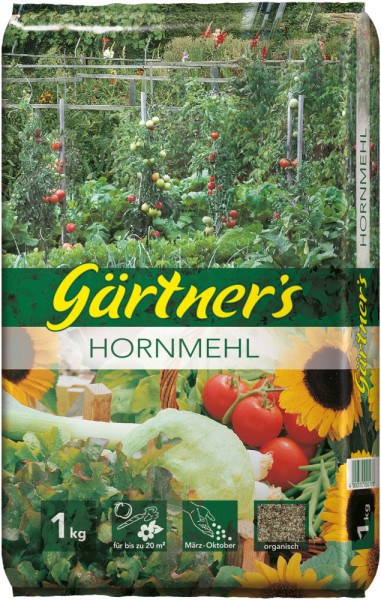 Produktbild von Gärtners Hornmehl 1kg Verpackung mit Abbildungen von Gemüsegarten und Informationssymbolen zur Anwendungsdauer und Organik-Kennzeichnung