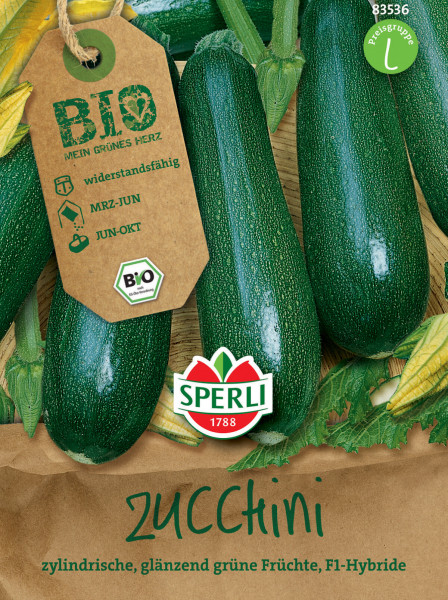 Produktbild von Sperli BIO Zucchini, F1-Hybride, zeigt zylindrische, glänzend grüne Früchte, Verpackungsinformationen und Markenlogo.