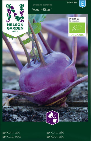 Produktbild von Nelson Garden BIO Kohlrabi Azur-Star mit Darstellung der pflanzen und Verpackungsdesign mit Bio-Siegel und Markenlogo in deutscher Sprache