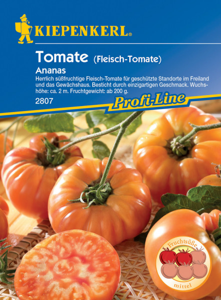 Produktbild von Kiepenkerl Fleisch-Tomate Ananas mit Darstellung der Tomaten auf einem Rattanuntergrund und Informationen zur Pflanze sowie zum Fruchtgewicht.