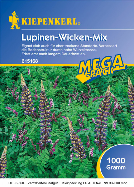 Produktbild von Kiepenkerl Lupinen-Wicken-Mix 1 kg Verpackung mit blühenden Pflanzen und Informationen zur Eignung und Widerstandsfähigkeit des Saatguts.