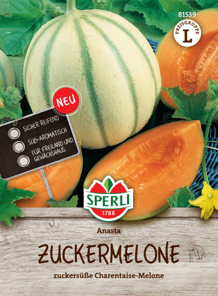 Produktbild von Sperli Zuckermelone Anasta F1 mit Abbildung von Melonen, Blättern und Blüten sowie Produktinformationen wie sicher reifend, süß-aromatisch, für Freiland und Gewächshaus.