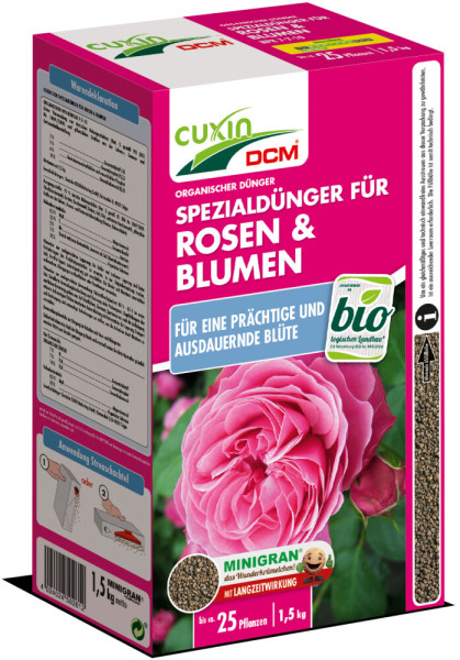 Produktbild von Cuxin DCM Spezialdünger für Rosen und Blumen Minigran in einer 1, 5, kg Streuschachtel mit Informationen zur Anwendung und biologischen Eigenschaften in deutscher Sprache.