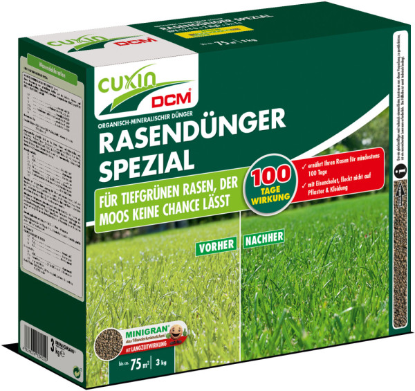 Produktbild von Cuxin DCM Rasendünger Spezial Minigran 3kg Streuschachtel mit Angaben zur Anwendung und Wirkungsdauer sowie einem Vorher-Nachher-Vergleich des Rasens.
