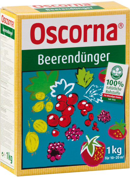 Produktbild von Oscorna-Beerendünger 1kg Verpackung mit Hinweis auf 100 Prozent natürliche Rohstoffe und Illustrationen von Beeren und Früchten.