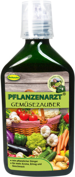 Produktbild von Schacht PFLANZENARZT Gemüsezauber 350ml Flasche mit einer Auswahl an Gemüse und dem Hinweis auf rein pflanzlichen Dünger.