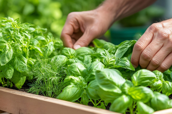 large-gardener-picking-fresh-basil-and-dill-in-raised-bed-garden