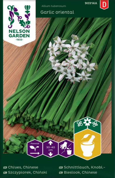 Produktbild von Nelson Garden Knoblauch-Schnittlauch Garlic Oriental mit Darstellung der Pflanze und Verpackungsinformationen.