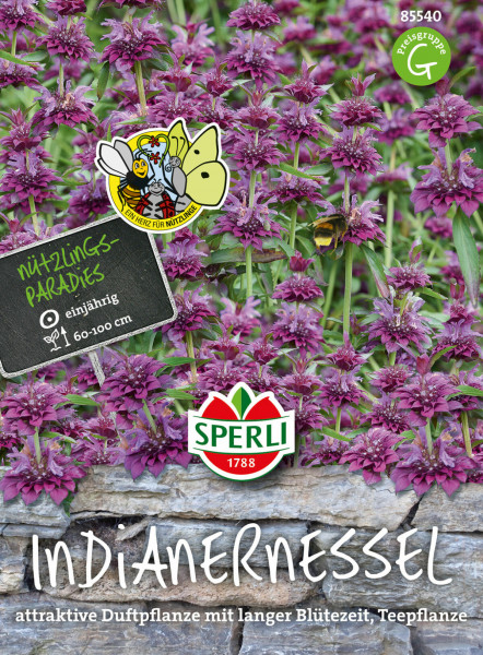 Produktbild von Sperli Indianernessel mit blühenden Pflanzen im Hintergrund und Details zum einjährigen Nützlingsparadies sowie der Markenlogo und Preisgruppenhinweis.