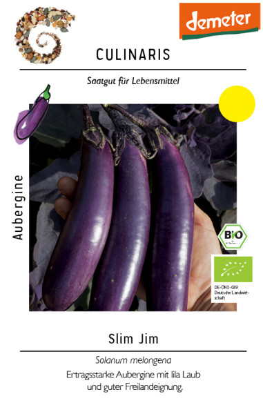 Produktbild von Culinaris BIO Aubergine Slim Jim mit Darstellung der lila Früchte, Saatgutverpackung und Demeter-Zertifizierung.