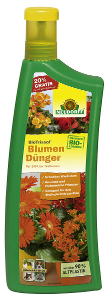 Produktbild von Neudorff BioTrissol BlumenDünger in einer 1, 2, Liter Flasche mit Informationen zu biologischem Düngemittel, geeignet für ökologischen Landbau und hergestellt aus über 90 Prozent Altplastik.