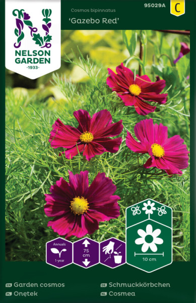 Produktbild von Nelson Garden Schmuckkörbchen Gazebo Red mit Darstellung der rot-violetten Blüten der Pflanze und Verpackungsdetails in deutscher Sprache.