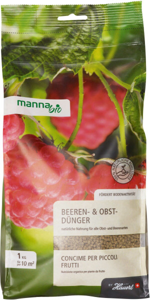 Produktbild des MANNA Bio Obst und Beerendünger in einer 1kg Verpackung mit Abbildung von Beeren, Hinweisen zur Bodenaktivitätsförderung und Angaben zur Anwendung auf Deutsch und Italienisch.
