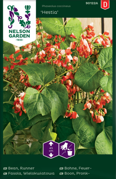 Produktbild von Nelson Garden Feuerbohne Hestia mit reifen Pflanzen und roten Blüten sowie Packungsdesign und Pflanzinformationen.