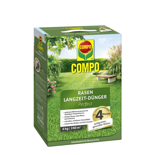 Produktbild von COMPO Rasen Langzeit-Duenger Perfect in einer 6kg Packung mit hervorgehobenen Eigenschaften wie optimaler Wirkung bei niedrigen Temperaturen und einer Anzeige der 4-monatigen Langzeitwirkung auf einem gepflegten Rasenhintergrund.
