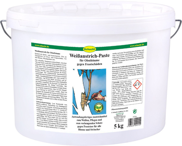 Produktbild von Schacht Weißanstrich-Paste in einem weißen Eimer mit Etikettierung und Informationen zum Schutz von Obstbäumen gegen Frostschäden mit einem Gewicht von 5kg.