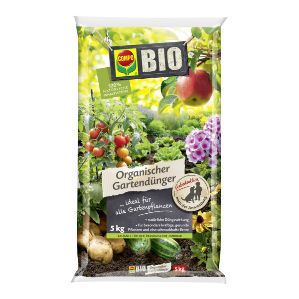 Produktbild von COMPO BIO Organischer Gartendünger in einer 5kg Verpackung mit Grafiken von Gartenpflanzen und Informationen auf Deutsch.