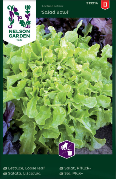 Produktbild von Nelson Garden Pflücksalat Salad Bowl Saatguttüte mit Abbildung einer grünen Salatpflanze sowie Produktinformationen in verschiedenen Sprachen.