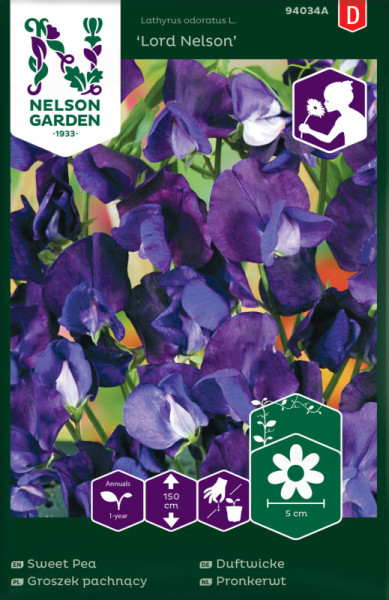 Produktbild von Nelson Garden Duftwicke Lord Nelson Saatguttüte mit blühenden lila Blumen und Anbauinformationen auf Deutsch und anderen Sprachen.