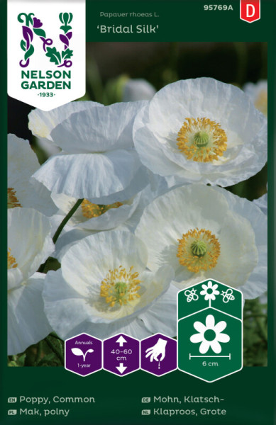 Produktbild von Nelson Garden Klatschmohn Bridal Silk mit Bildern der weißen Blüten und Produktinformationen auf Deutsch.