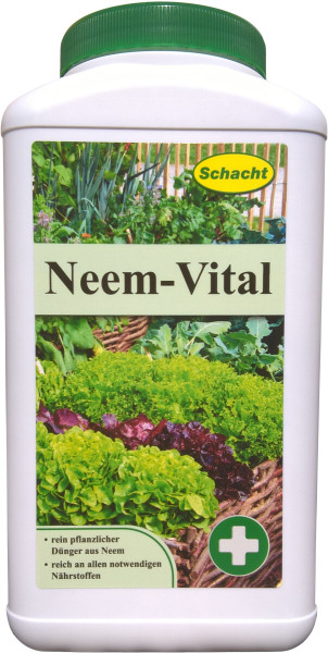 Produktbild von Schacht Neem-Vital 2l Flasche mit Gartenhintergrund Informationen zu rein pflanzlichem Duenger aus Neem und Nährstoffangabe in deutscher Sprache