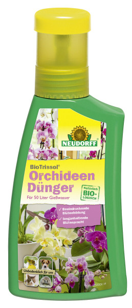 Produktbild von Neudorff BioTrissol OrchideenDünger in einer 250 ml Flasche mit Beschriftung und bildlichen Darstellungen von Orchideen sowie Hinweisen zur Verträglichkeit mit Haustieren.