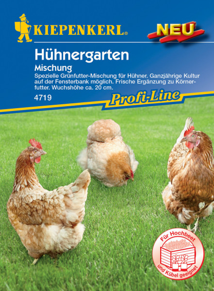 Produktbild der Kiepenkerl Hühnergarten Mischung mit Abbildungen von Hühnern auf einem Rasen und Informationen zur Futterart und Eignung für Hochbeete und Kübel.