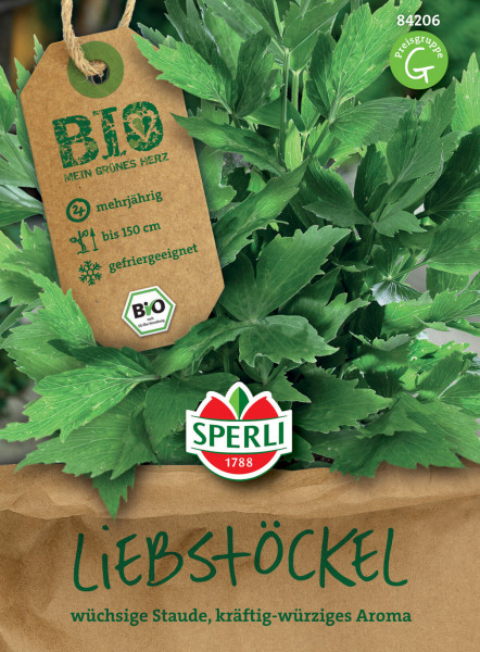 Produktbild von Sperli BIO Liebstoeckel mit Darstellung der Pflanze und Verpackung, Informationen zu Mehrjaehrigkeit, Hoehe und Eignung zum Einfrieren sowie dem Sperli Logo.