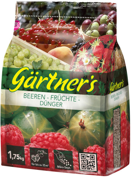 Produktbild von Gärtners Beeren-Früchte-Dünger in einer 1, 75, kg Verpackung mit Abbildungen verschiedener Beeren und Informationen zum Einsatzzeitraum sowie QR-Code.