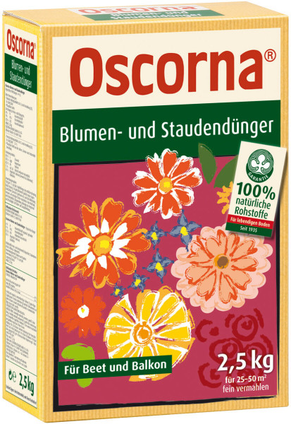 Produktbild von Oscorna-Blumen- und Staudendünger in einer 2, 5, kg Packung mit farbigen Blumenillustrationen und Informationen zur 100% natürlichen Zusammensetzung für Beet und Balkon.