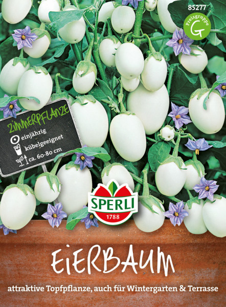 Produktbild von Sperli Eierbaum mit Darstellung der Pflanze und Früchten Informationen zu Eigenschaften und Wuchshöhe sowie Logo und Produktbezeichnung.
