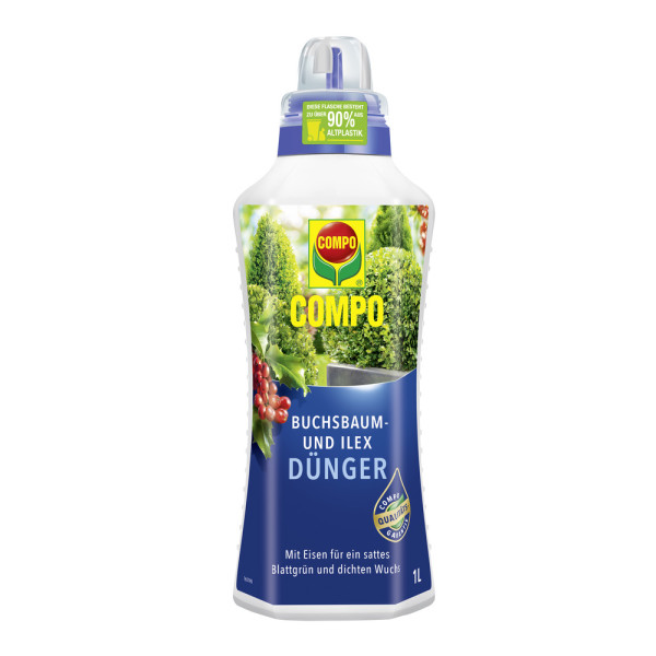 Produktbild von COMPO Buchsbaum und Ilexduenger in einer 1 Liter Flasche mit Hinweisen auf satte Blattgruene und dichten Wuchs.