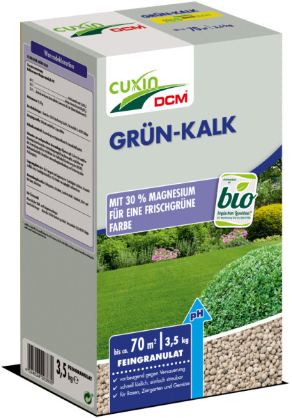 Produktbild von Cuxin DCM Grün-Kalk Feingranulat in einer 3, 5, kg Streuschachtel mit Informationen zu Anwendung und Wirkung auf Deutsch.