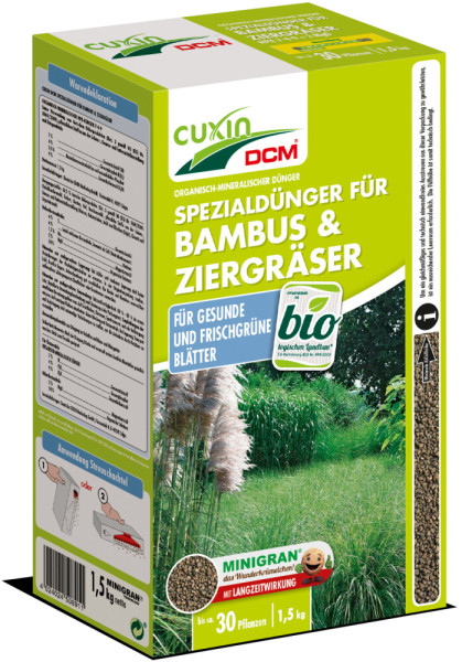 Produktbild von Cuxin DCM Spezialdünger für Bambus und Ziergräser Minigran in einer 1, 5, kg Streuschachtel mit Informationen zur Anwendung und Produktvorteilen.
