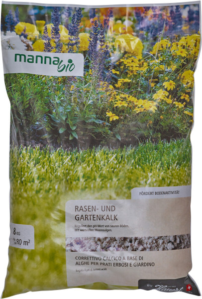 Produktbild von MANNA Bio Garten- und Rasenkalk in einer 8kg Verpackung mit Bildern von blühenden Pflanzen und Rasen sowie Informationen zur Bodenverbesserung und -aktivierung in deutscher und italienischer Sprache.